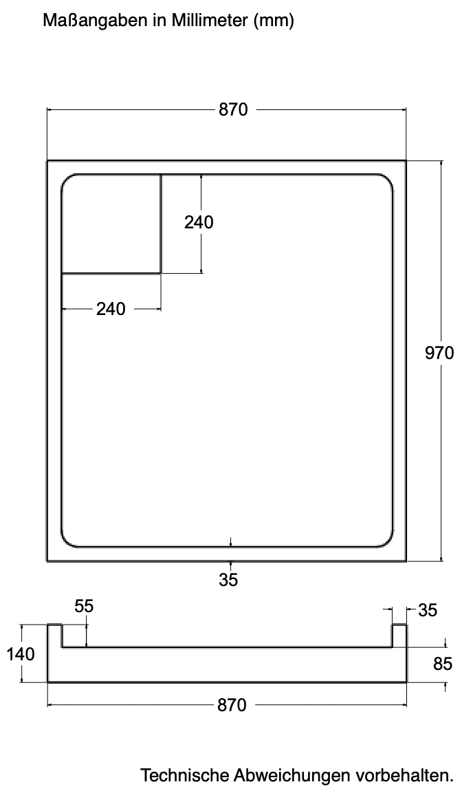 Träger Hamburg 100x90cm weiß, Höhe 14cm links