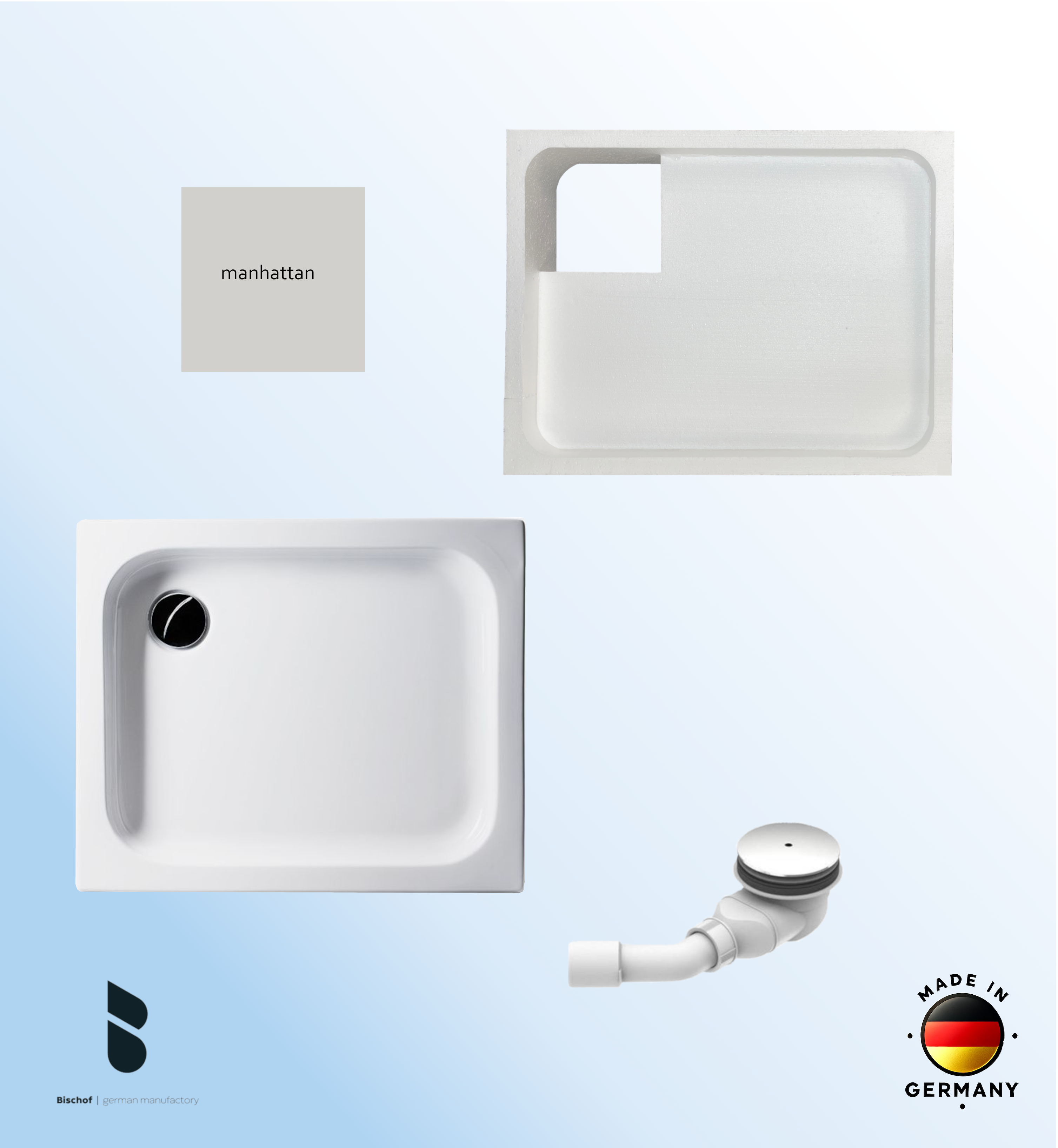KOMPLETT-PAKET: Duschwanne 90 x 75 cm, Farbe: MANHATTAN flach 6,5 cm weiß Acryl + Styroporträger/Wannenträger + Ablaufgarnitur chrom DN 90  