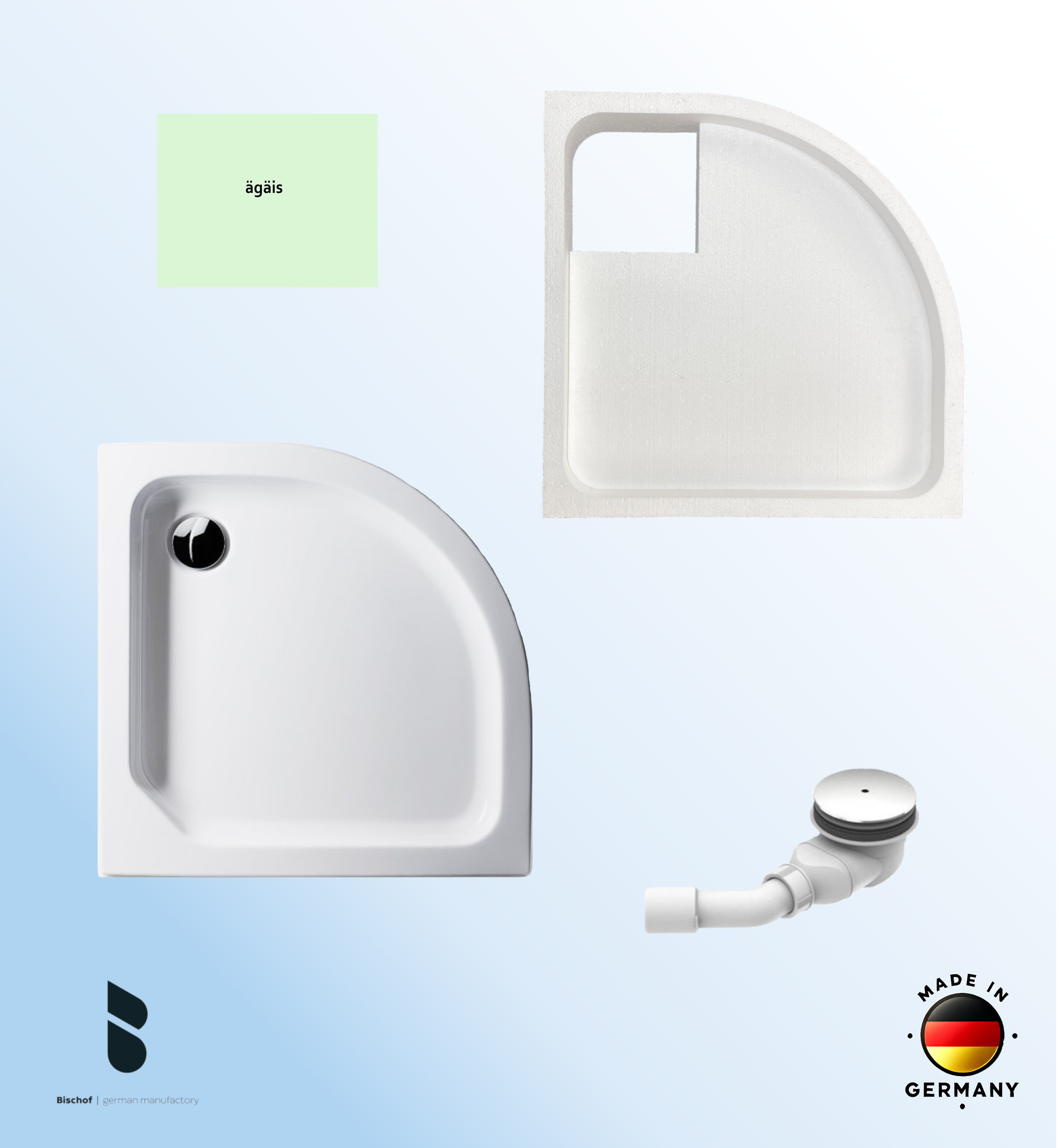 KOMPLETT-PAKET: Duschwanne 90 x 90 cm Viertelkreis Radius 55, Farbe: ÄGÄIS flach 6,5 cm Acryl + Styroporträger/Wannenträger + Ablaufgarnitur chrom DN 90