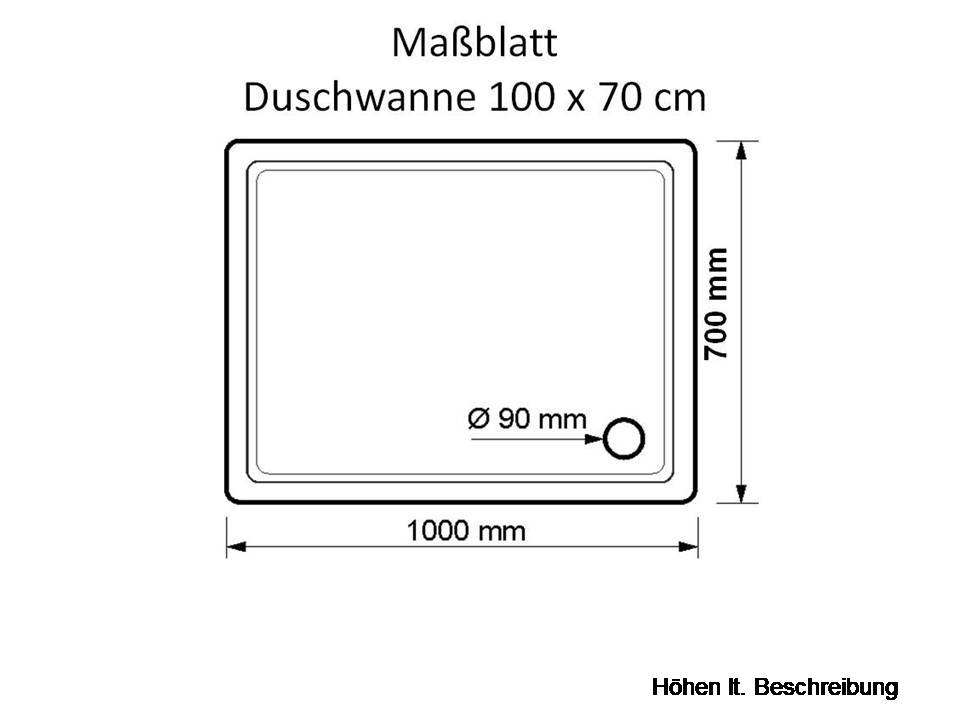 KOMPLETT-PAKET: Duschwanne 100 x 70 cm superflach 2,5 cm weiß Dusche mit GERADER UNTERSEITE Acryl + Styroporträger/Wannenträger + Ablaufgarnitur chrom DN 90 