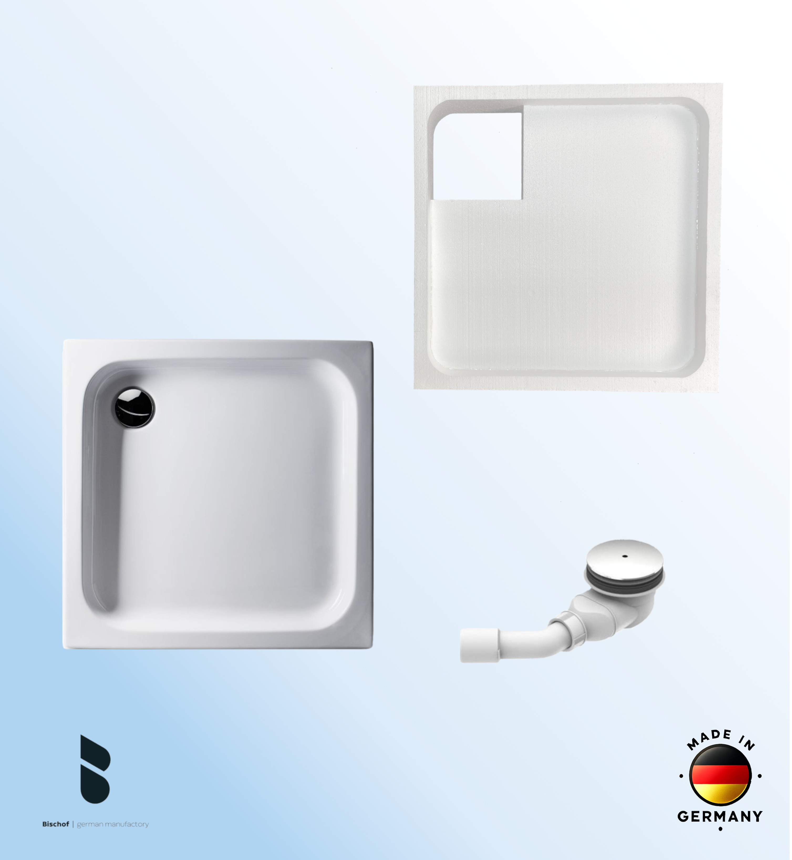 KOMPLETT-PAKET: Duschwanne 80 x 80 cm flach 6,5 cm weiß Acryl + Styroporträger/Wannenträger + Ablaufgarnitur chrom DN 90