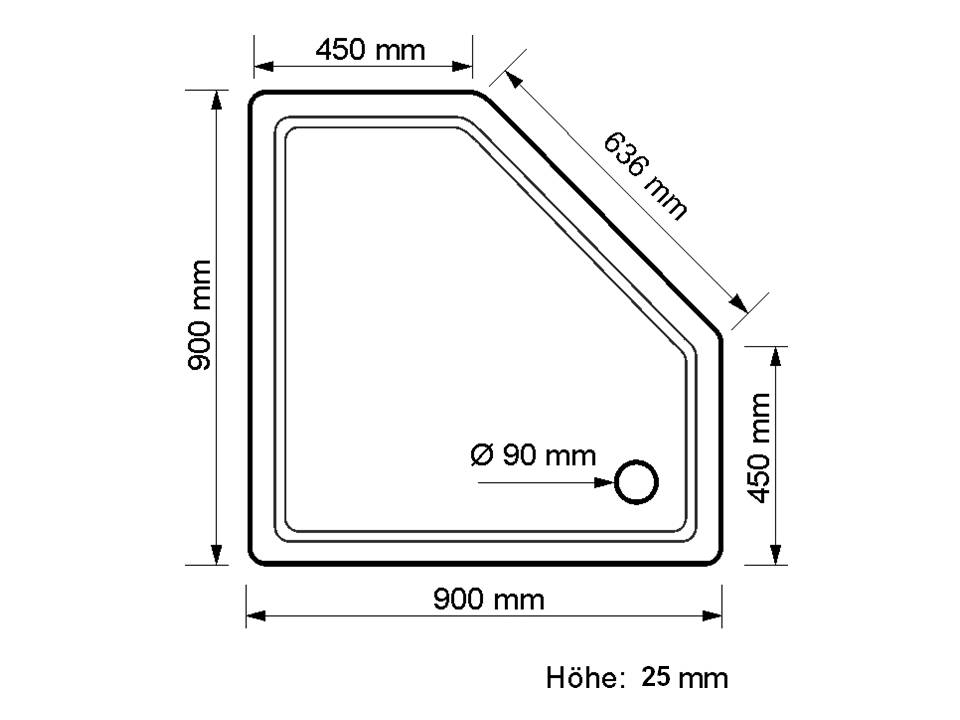Duschwanne Halle 90x90x2,5cm, pergamon, fünfeck