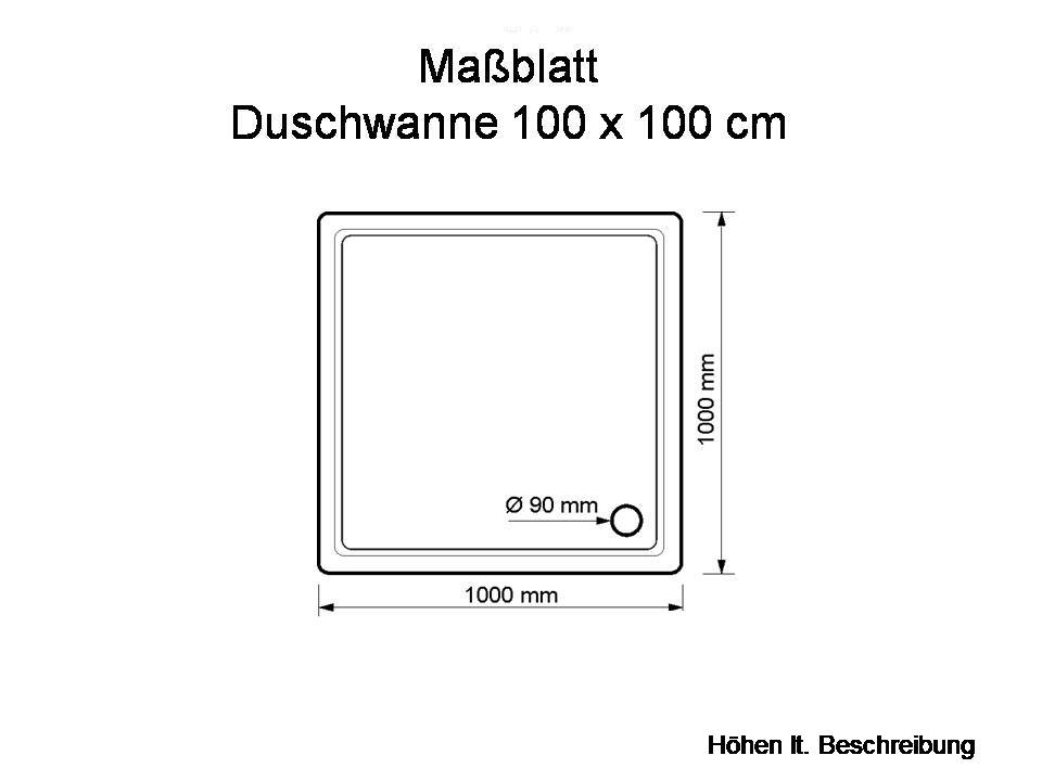 KOMPLETT-PAKET: Duschwanne 100 x 100 cm superflach 2,5 cm weiß  Dusche mit GERADER UNTERSEITE Acryl + Styroporträger/Wannenträger + Ablaufgarnitur chrom DN 90 