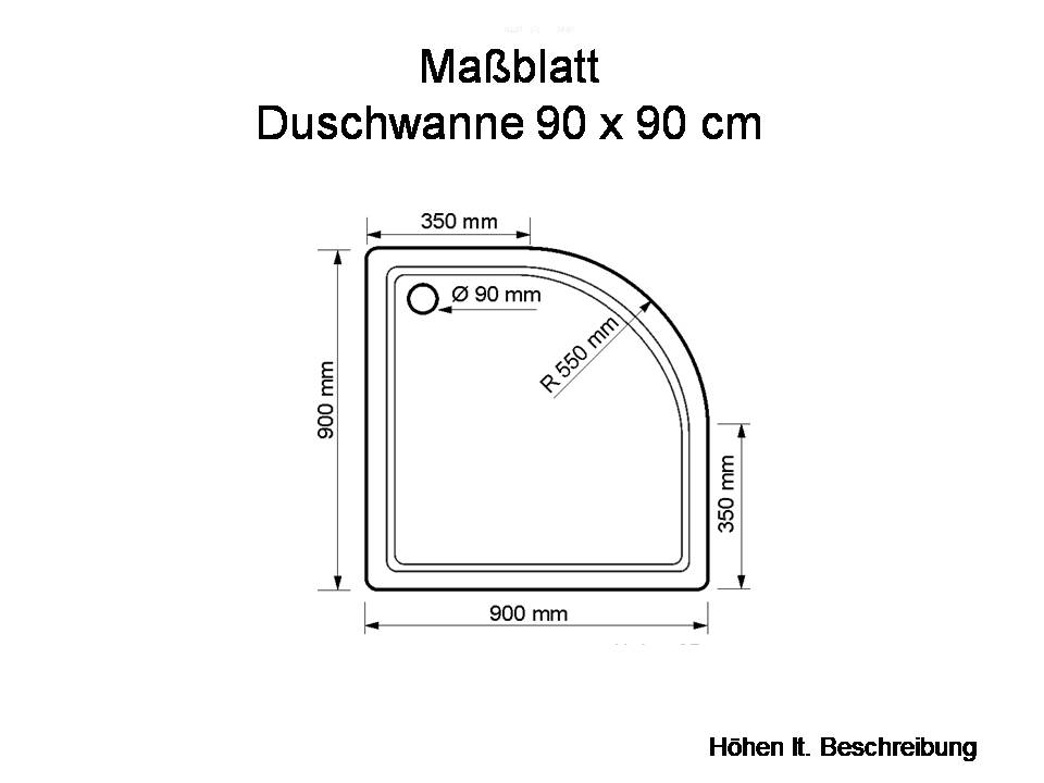 KOMPLETT-PAKET: Duschwanne 90 x 90 cm Viertelkreis Radius 55, flach 6,5 cm weiß Acryl + Styroporträger/Wannenträger + Ablaufgarnitur chrom DN 90