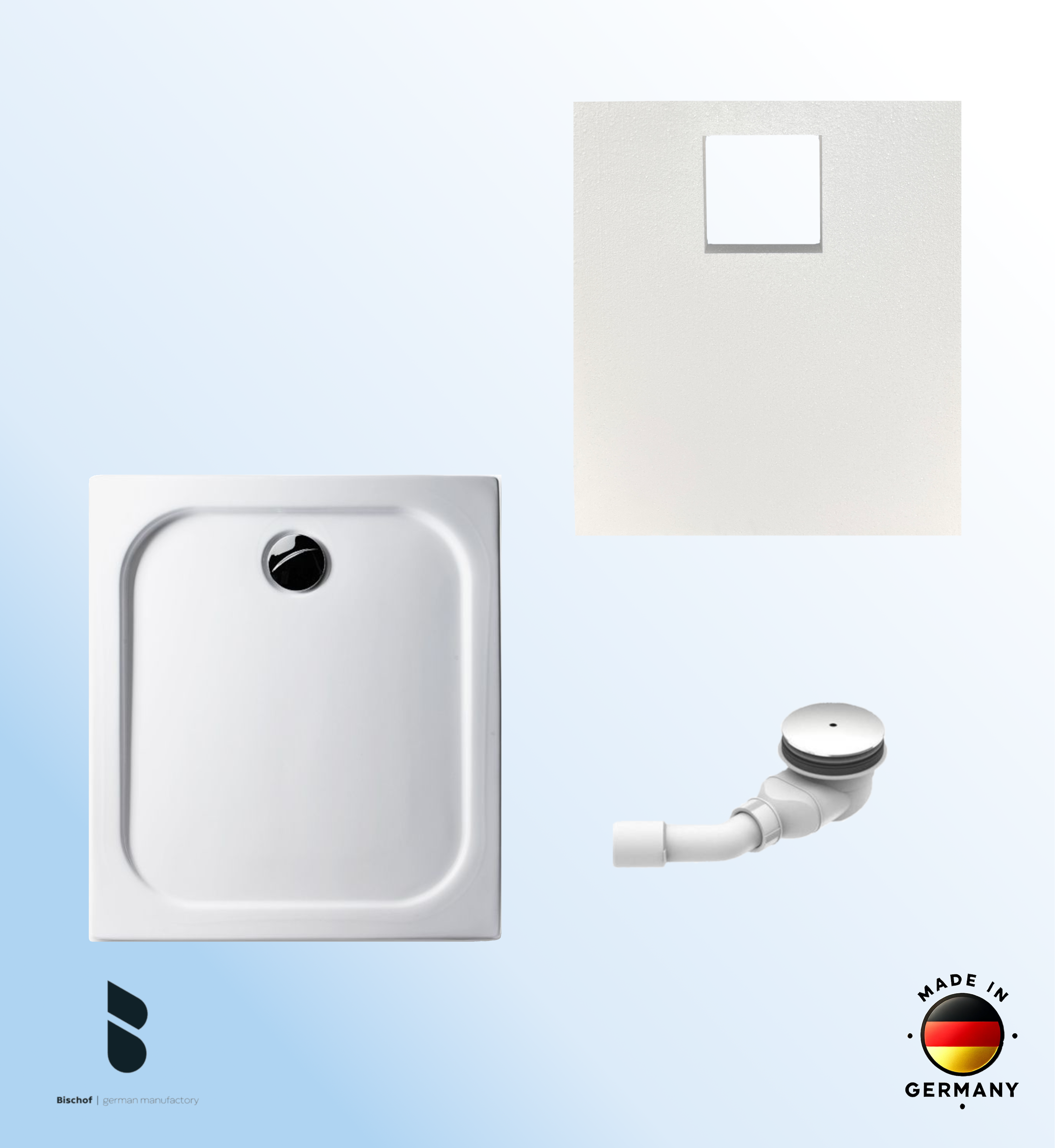 KOMPLETT-PAKET: Duschwanne 90 x 80 cm superflach 2,5 cm weiß Dusche mit GERADER UNTERSEITE Acryl + Styroporträger/Wannenträger + Ablaufgarnitur chrom DN 90