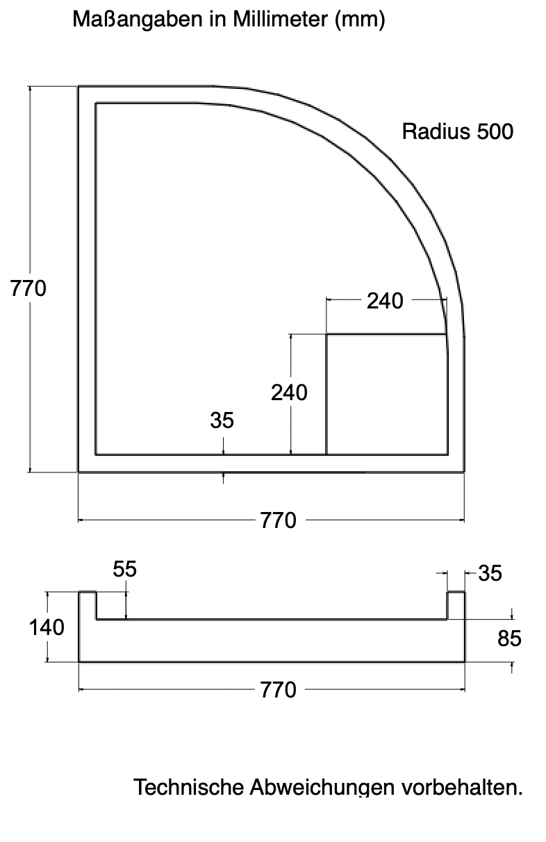 Träger 80x80cm, viertelkreis, weiß, Höhe 14cm links R50