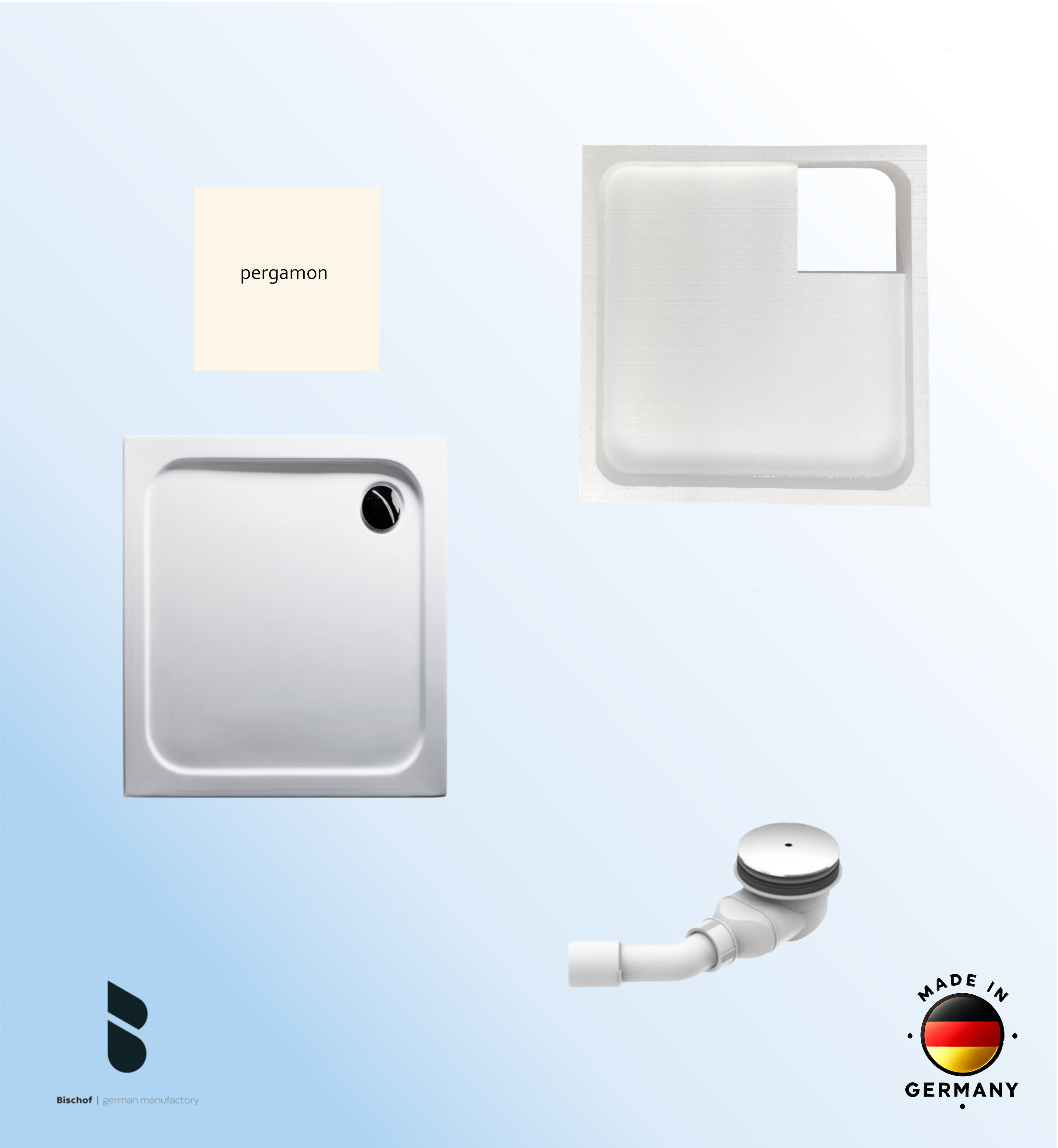 KOMPLETT-PAKET: Duschwanne 90 x 80 cm Farbe: PERGAMON superflach 2,5 cm Acryl + Styroporträger/Wannenträger + Ablaufgarnitur chrom DN 90