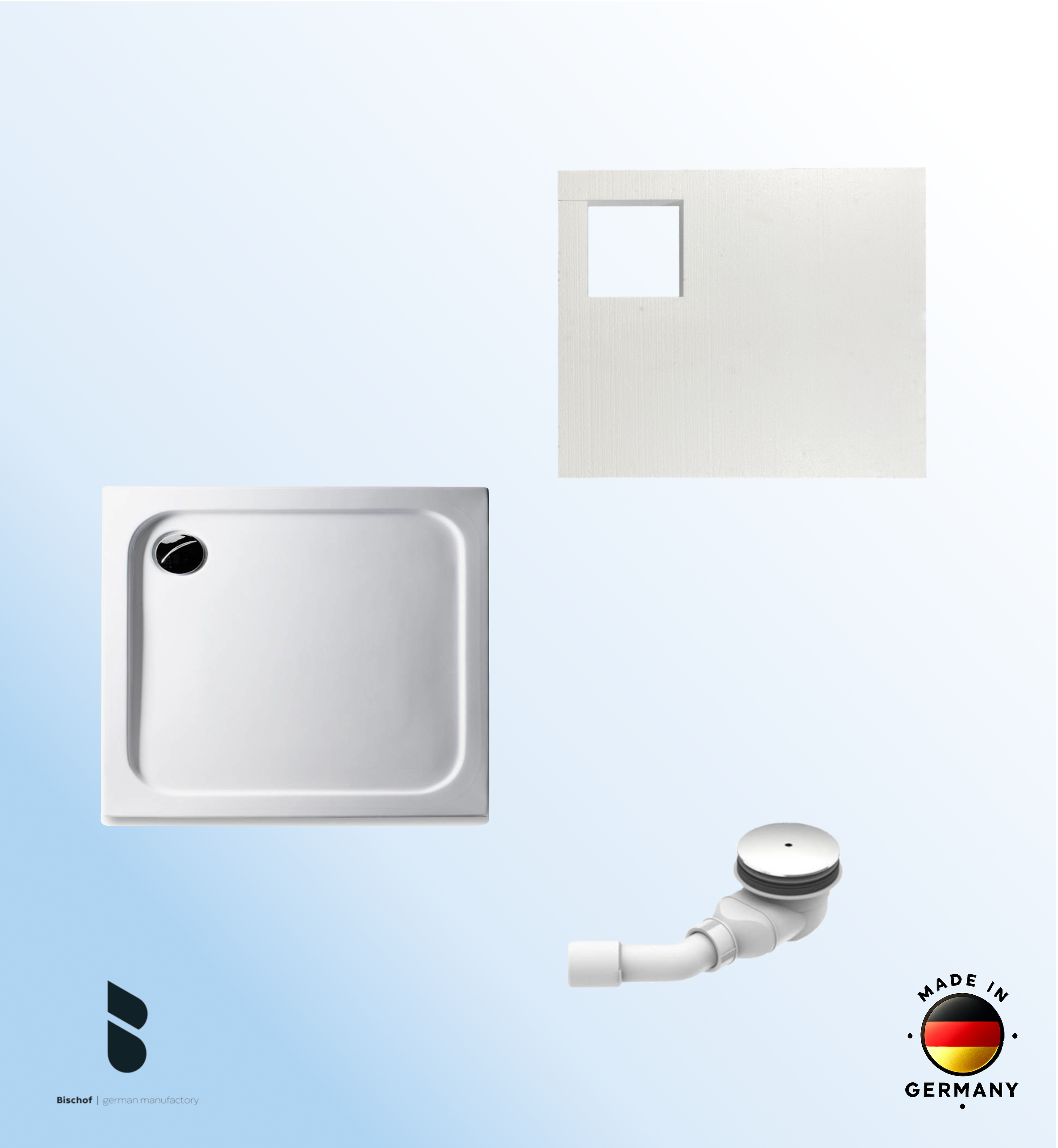 KOMPLETT-PAKET: Duschwanne 80 x 75 cm superflach 2,5 cm weiß Dusche mit GERADER UNTERSEITE Acryl + Styroporträger/Wannenträger + Ablaufgarnitur chrom DN 90 