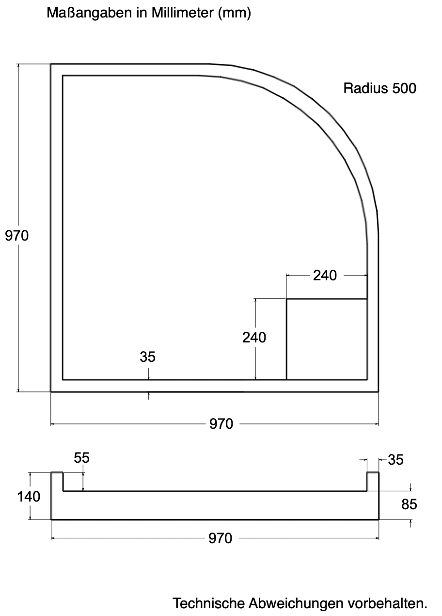 Träger 100x100cm, viertelkreis, weiß, Höhe 14cm links R50