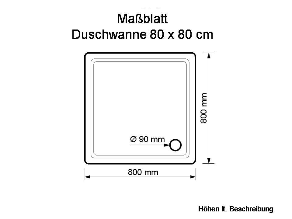 KOMPLETT-PAKET: Duschwanne 80 x 80 cm superflach 2,5 cm weiß Dusche mit GERADER UNTERSEITE Acryl + Styroporträger/Wannenträger + Ablaufgarnitur chrom DN 90