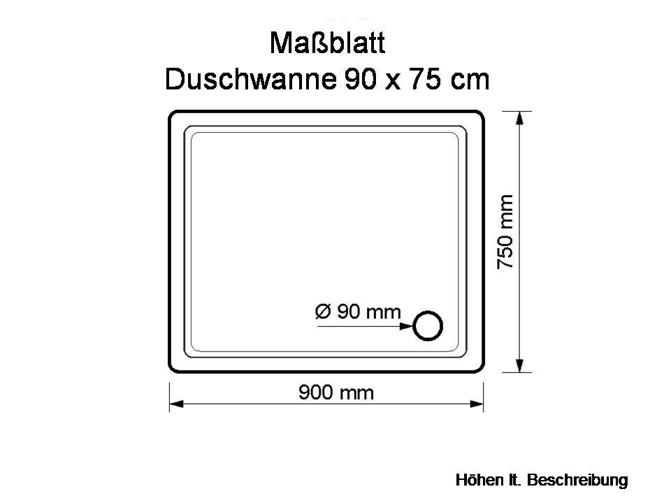 KOMPLETT-PAKET: Duschwanne 90 x 75 cm superflach 2,5 cm weiß Dusche mit GERADER UNTERSEITE Acryl + Styroporträger/Wannenträger + Ablaufgarnitur chrom DN 90