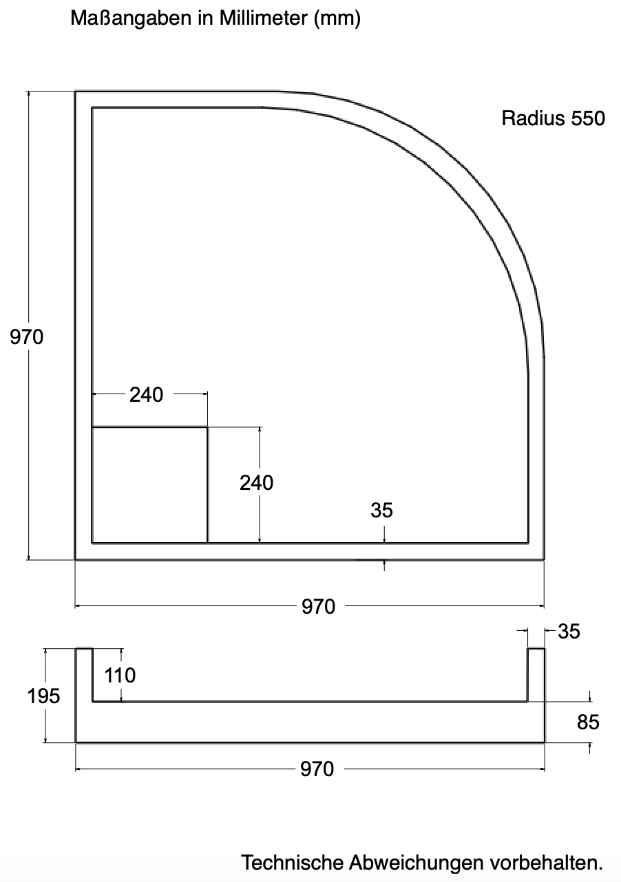 Träger 100x100cm, viertelkreis, weiß, Höhe 19,5cm hintere Ecke R55