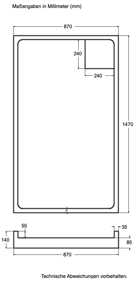 Träger Hamburg 150x90cm weiß, Höhe 14cm rechts