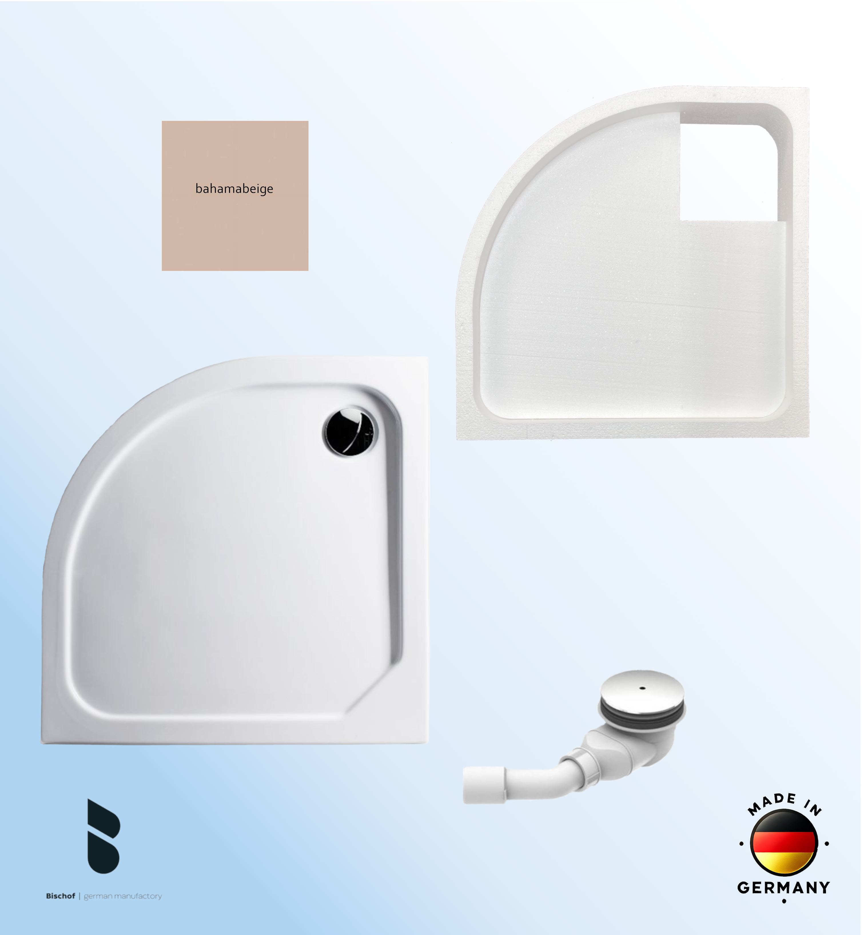 KOMPLETT-PAKET: Duschwanne 100 x 100 cm Viertelkreis Radius 55, Farbe: BAHAMABEIGE superflach 2,5 cm Acryl + Styroporträger/Wannenträger + Ablaufgarnitur chrom DN 90