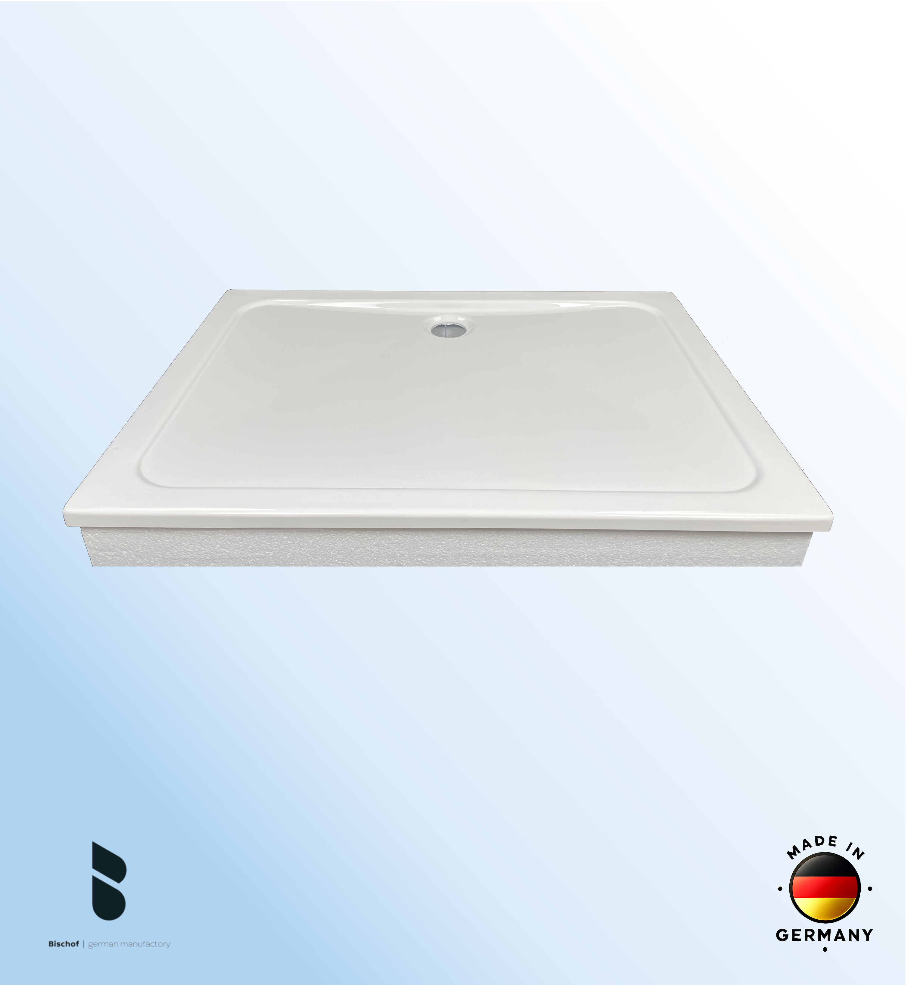 KOMPLETT-PAKET: Duschwanne 120 x 75 cm superflach 3,5 cm weiß mit GERADER STYROPOR-UNTERSEITE Acryl + Styroporträger/Wannenträger + Ablaufgarnitur chrom DN 90  