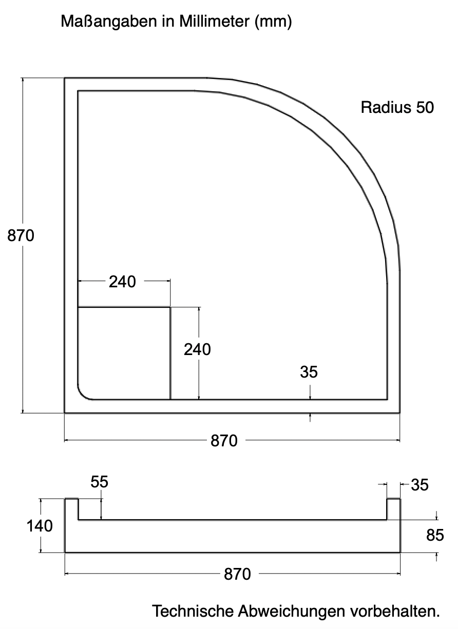 Träger 90x90cm, viertelkreis, weiß, Höhe 14cm hintere Ecke R50