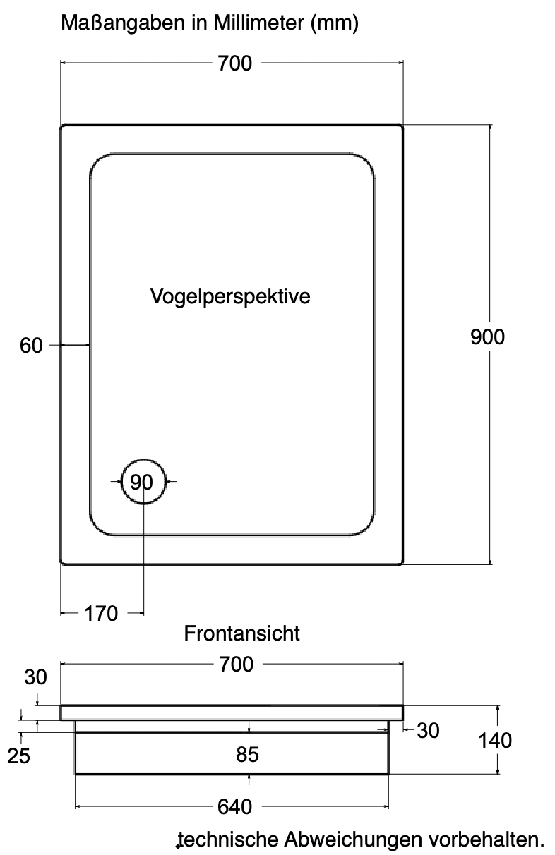 KOMPLETT-PAKET: Duschwanne 90 x 70 cm superflach 2,5 cm weiß Dusche mit GERADER UNTERSEITE Acryl + Styroporträger/Wannenträger + Ablaufgarnitur chrom DN 90