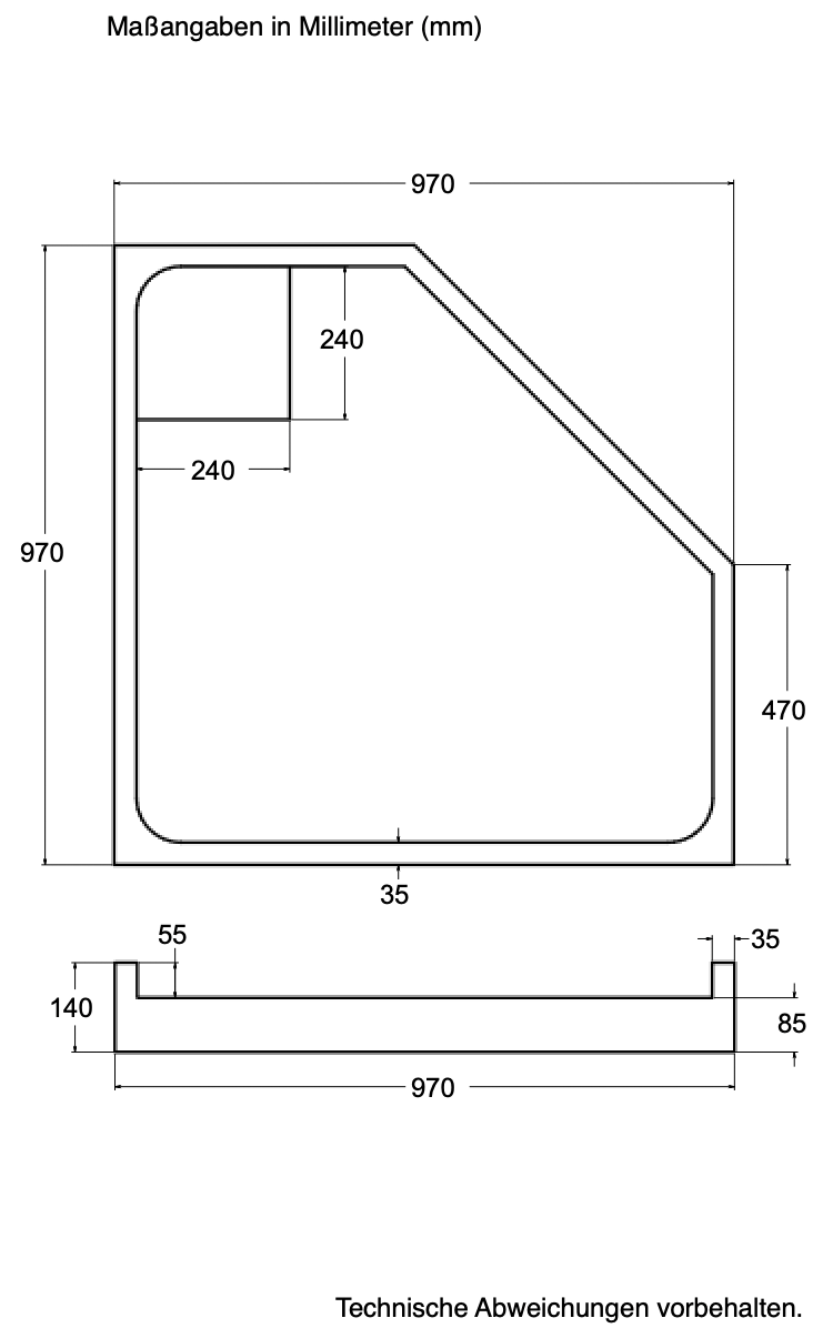Träger Halle 100x100cm weiß, Höhe 14cm Fünfeck rechts