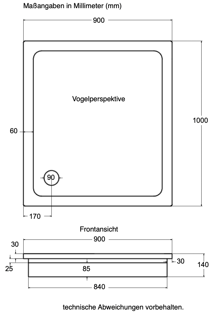 KOMPLETT-PAKET: Duschwanne 100 x 90 cm superflach 2,5 cm Dusche mit GERADER UNTERSEITE weiß Acryl + Styroporträger/Wannenträger + Ablaufgarnitur chrom DN 90