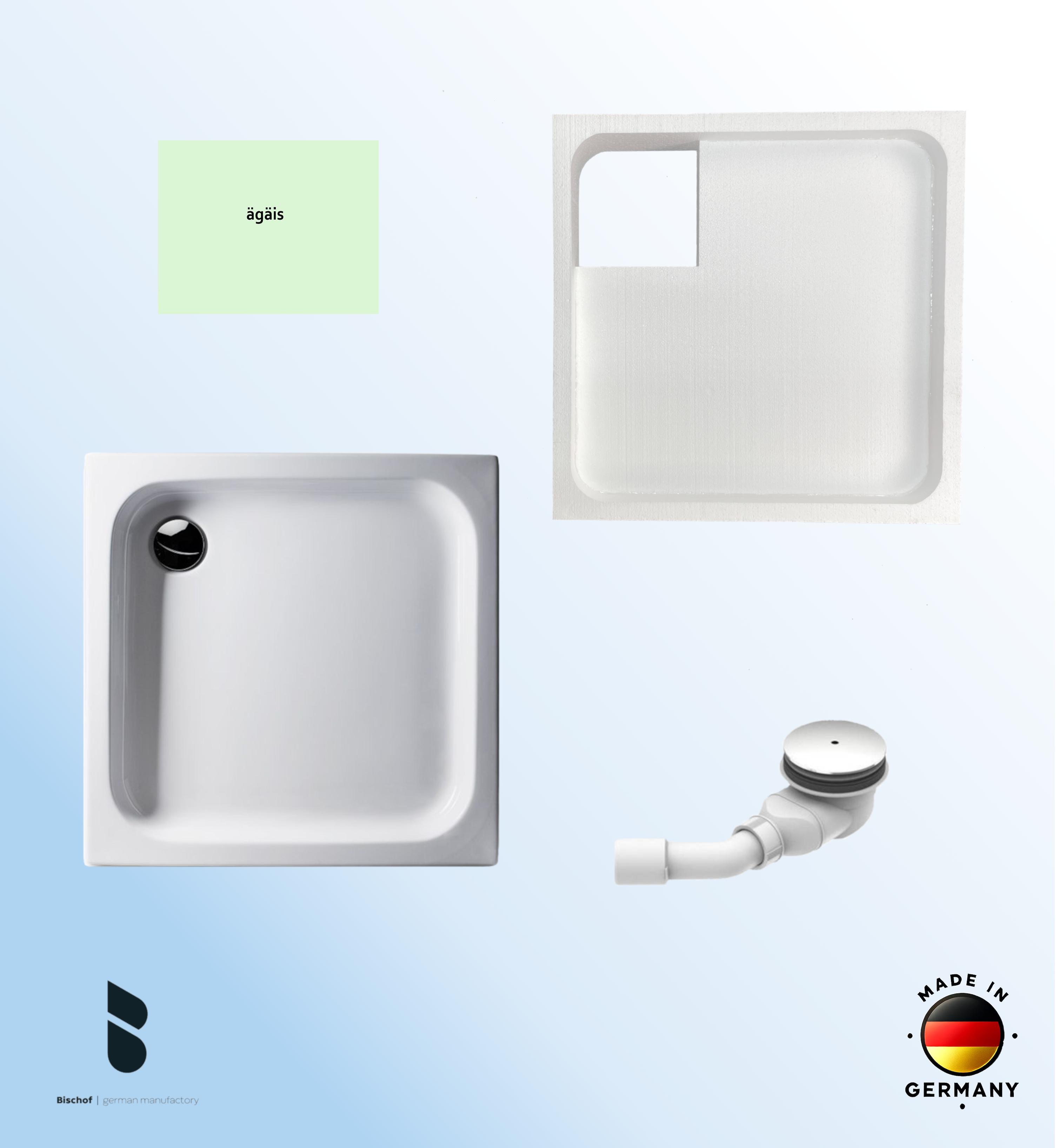KOMPLETT-PAKET: Duschwanne 90 x 90 cm, Farbe: ÄGÄIS flach 6,5 cm Acryl + Styroporträger/Wannenträger + Ablaufgarnitur chrom DN 90