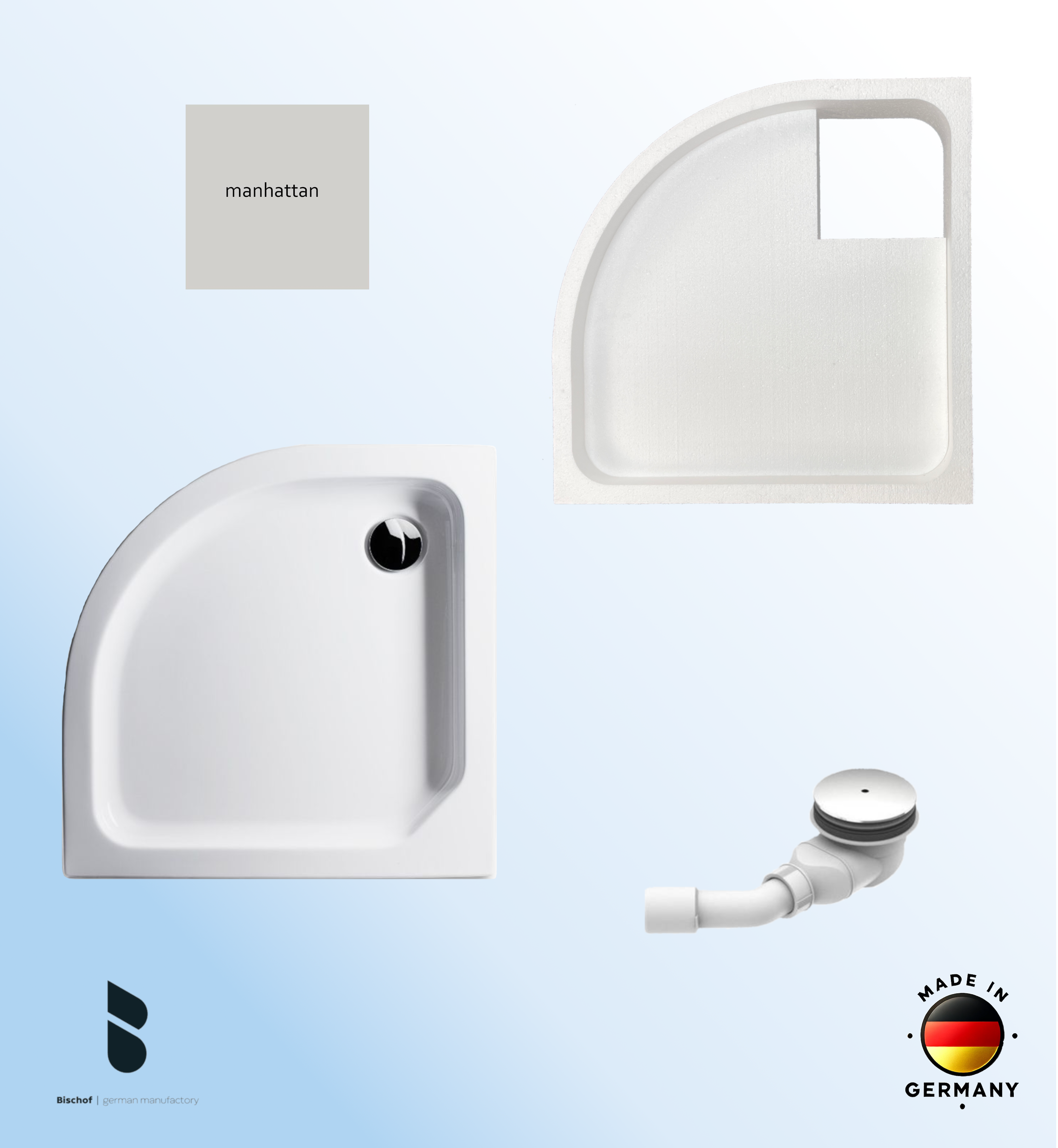 KOMPLETT-PAKET: Duschwanne 80 x 80 cm Viertelkreis Radius 50, Farbe: MANHATTAN flach 6,5 cm Acryl + Styroporträger/Wannenträger + Ablaufgarnitur chrom DN 90
